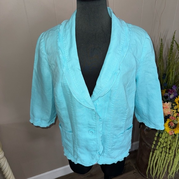 Kim Rogers Jackets & Blazers - Kim Rogers • Linen Ruffle Trim 3/4 Sleeve Blazer Jacket